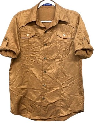 FitsHop Men's Brown Short Sleeve Button Up Shirt XXL Cotton Blend