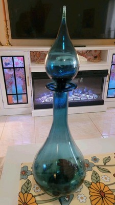 Vintage Blue Bubble Glass Genie Bottle Decanter 19'' With Stopper