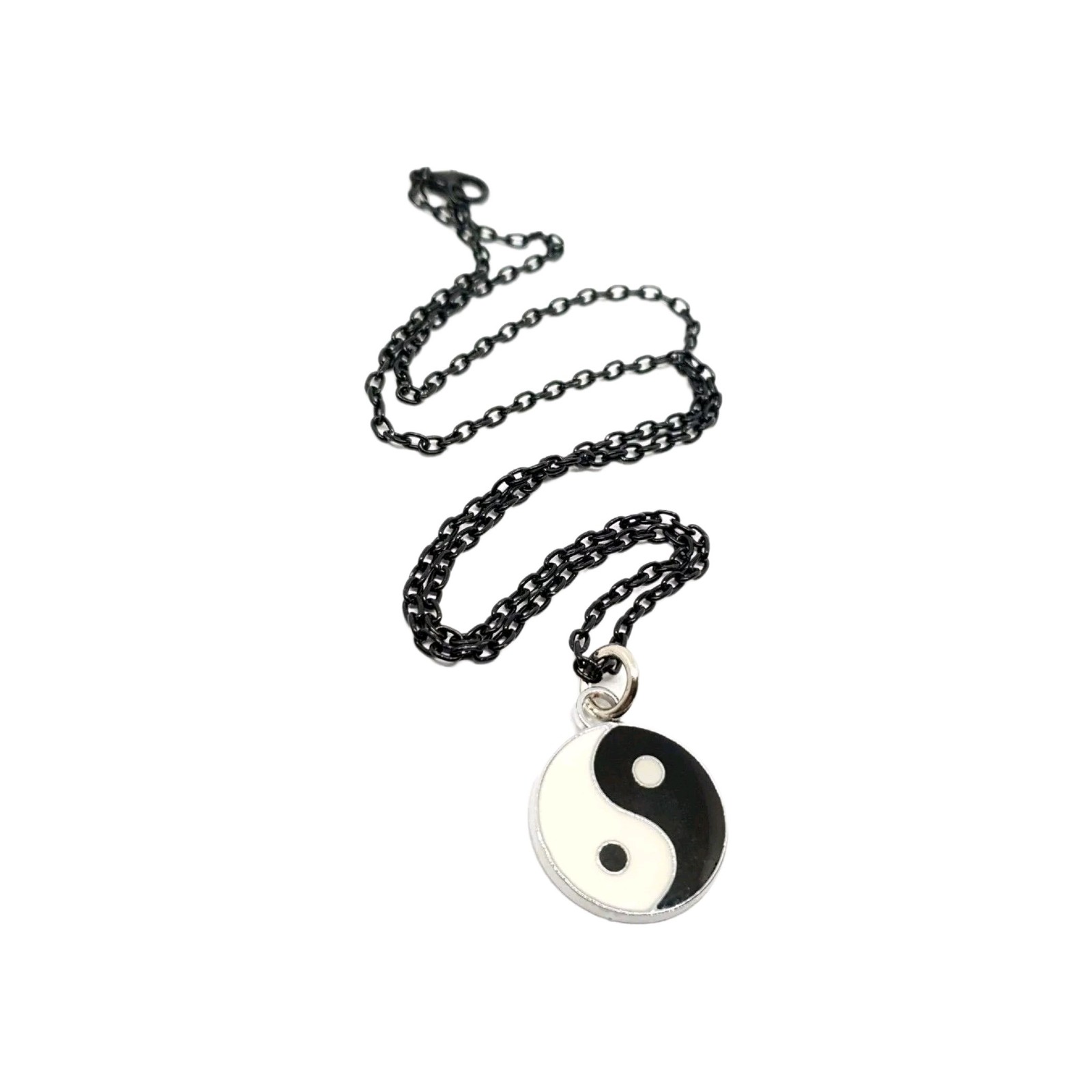 Yin Yang Necklace Balanced Universe Enamelled Pendant Black 20"" Chain Jewellery