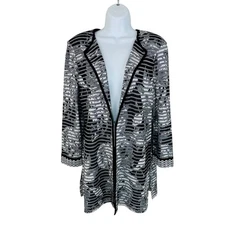 Ming Wang Women's Size M Textured Ribbed Knit Black White Sweater Jacket NWT