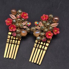 Vintage Florenza Pink Flower Hair Combs AS IS Repair