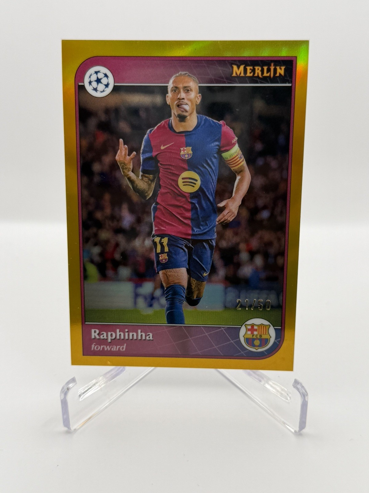 Raphinha 2024-25 Topps Merlin Chrome UEFA CC 21/50 Gold Refractor Barcelona