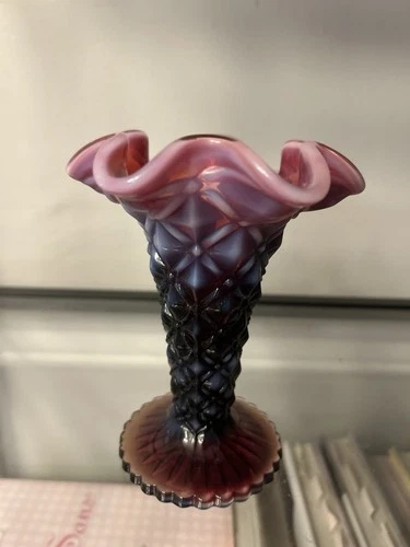 Fenton Glass Plum Opalescent Quilted Vase Signed Nancy Fenton Ruffle Rim 5.5”