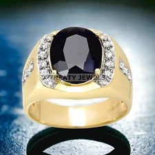 Blue Sapphire Oval Cut With 925 Sterling Silver Gold Plated Ring For Men #338 *