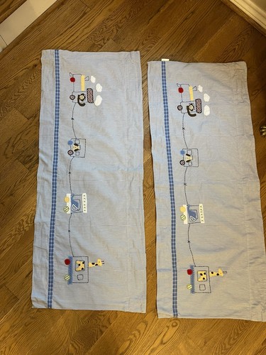 Pottery Barn Kids Valance RYDER TRAIN ANIMALS Blue White Curtain stripe 44x18