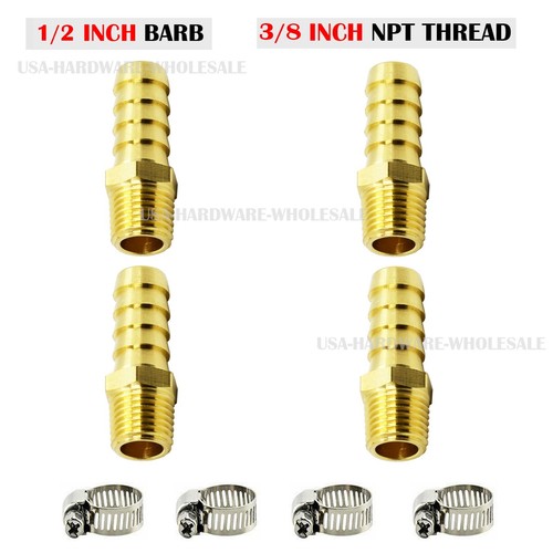 (4 Pack) 1/2" Hose Barb X 3/8" MALE NPT Brass Pipe Fitting NPT Thread + Clamps