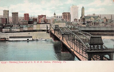 Pittsburgh Downtown from Train Railroad Depot Sixth Ave Bridge Vtg Postcard F61