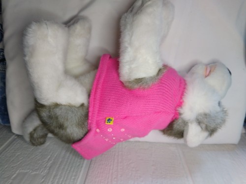 Build A Bear BABW Siberian Husky Gray Dog Plush Blue Eyes Pink Sweater She Barks - Picture 3 of 5
