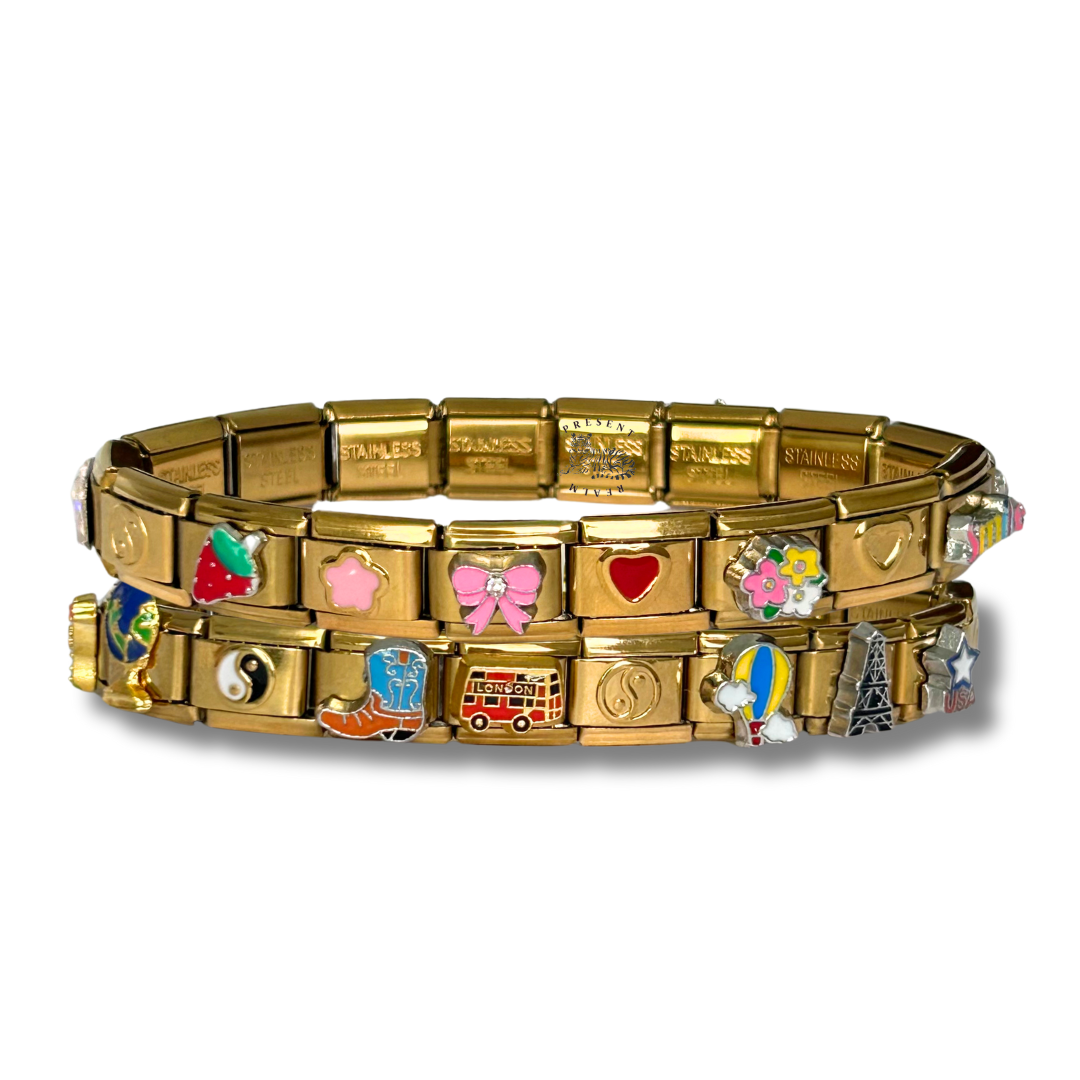 BUNDLE Traveler & Feminine Italian Charm Bracelet Golden READY TO WEAR (2 Pack)