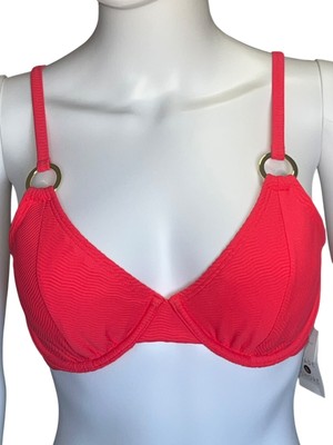 Shade & Shore 34D Ribbed Coral Bikini Top With Removable Pads & Gold Ring Accent