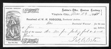 Auditor's Office, Montana Territory Virginia City 1871 Warrant Office Receipt