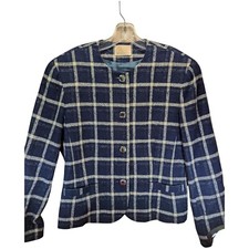 VTG Pendleton Women's Plaid 100 Virgin Wool Blazer Jacket Size 12 Navy Cream