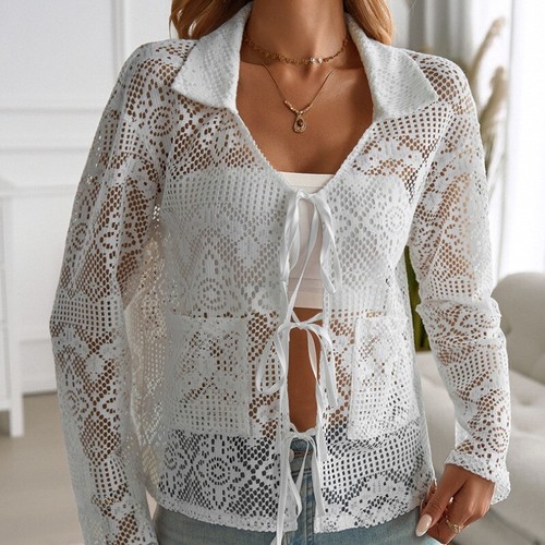 Donna Trasparente Camicia Traforato Top Camicetta con Lacci Scollo A V Sciolto - Foto 7 di 7