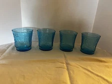 4 Vintage Anchor Hocking Pagoda Laser Blue Bamboo Low Ball Cocktail Juice MCM