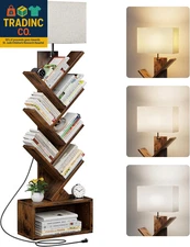 6 Tier Tree Bookshelf with Light, Narrow Bookcase Tower, Tall Floor Standing Boo