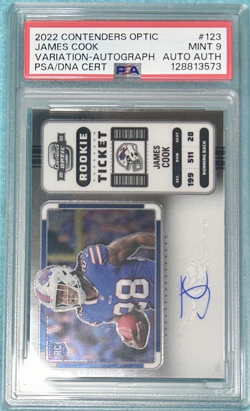 2022 Panini Contenders Optic James Cook Rookie Ticket Auto Variation PSA 9 Bills