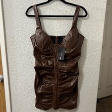 Fashion Nova Chocolate Brown Faux Leather Ruched Mini Dress Women's L