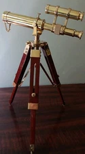 Brass Double Barrel Telescope with Adjustable Wooden Tripod Stand