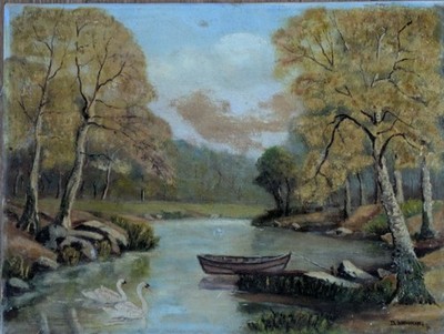Vintage Original Ölgemälde auf Leinwand Seenlandschaft signiert von D Hawkins
