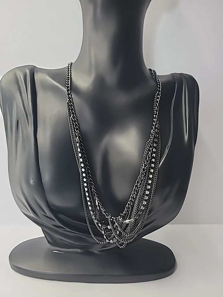 Vintage AEO American Eagle Outfitter Necklace Gray Tone Pink White Crystals - Image 2 of 4