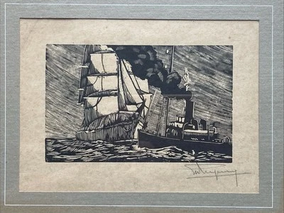 Gravure Sur Bois Originale Signée Marine Trois-Mâts & Remorqueur Vapeur 1930 - Photo 1/4
