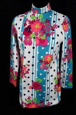 Blouse Florale En Tricot Poly Blanc Français Vintage Années 1970 Taille Moyenne - Photo 1/2