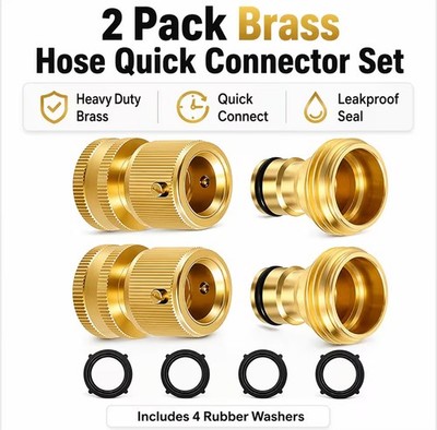 Garden Hose Connector Set Brass   Quick Connect Adapter with 4 Rubber Washers