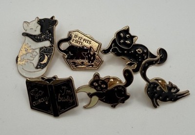 Lot Of 6 Cute Black enamel And Gold tone Cat Pins With Astrological Accents