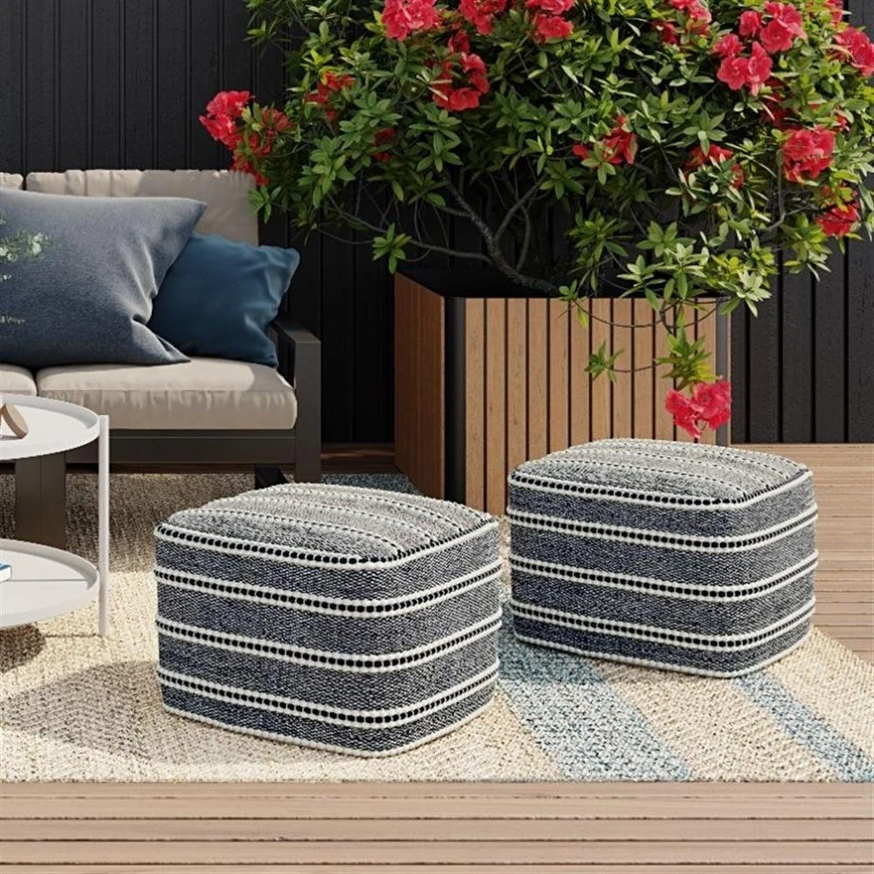 Pemberly Row Modern Fabric Boho Square Woven Pouf in Navy and White - Image 2 of 4