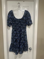 GAP Mini Dress, Black W/Blue Floral Print, Short Sleeves, Size Large Tall,