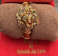VTG Kenneth Jay Lane KJL Lion Head Bracelet Hinged Magnetic Gold Tone Blue Eyes
