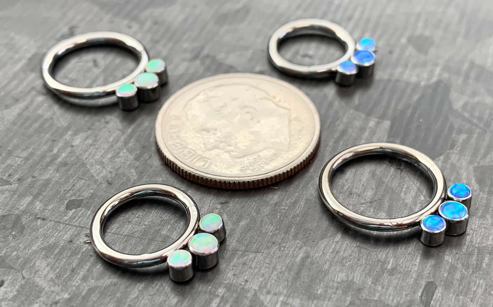 1pc Solid Titanium 3 Bezel Set Opals Hinged Segment Ring Helix Septum Clicker - Image 3 of 4