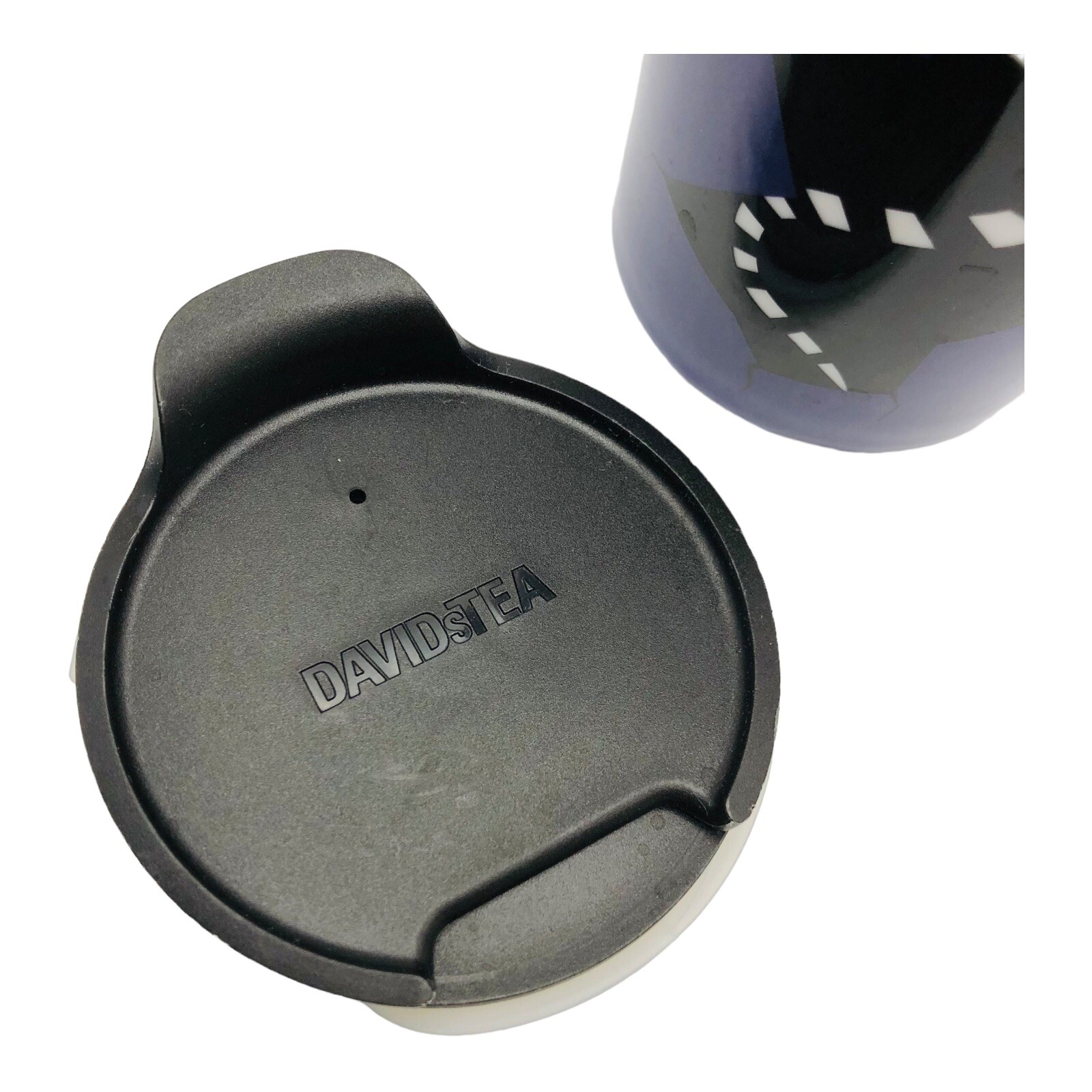 DAVIDS TEA Monsters Ceramic Travel Mug Tumbler Plastic Lid Dark Blue