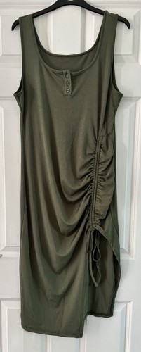 Damen-Midikleid "YOZY" khaki grün schlicht Weste Stil geraffte Vorderseite Größe XL neu mit Etikett