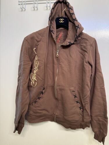 Christian Audigier ED HARDY GOTH BROWN HOOD CARDIGAN SWEATSHIRT JACKET L NEW$199 - Picture 3 of 13