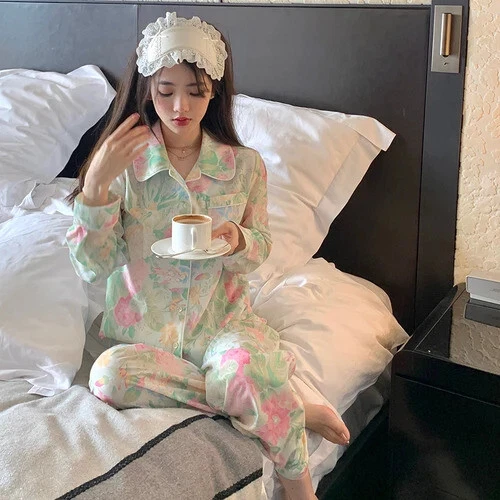 Pijama Seda Hielo Mujer Pijama Primavera Manga Larga Hogar Set - Imagen 15 de 49