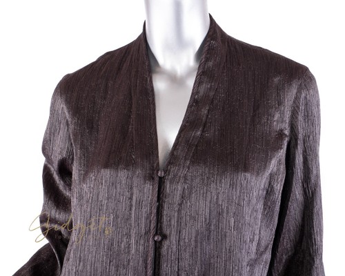 Eileen Fisher Size PM Brown Metallic Mandarin Style Long Silk Jacket - Picture 2 of 4