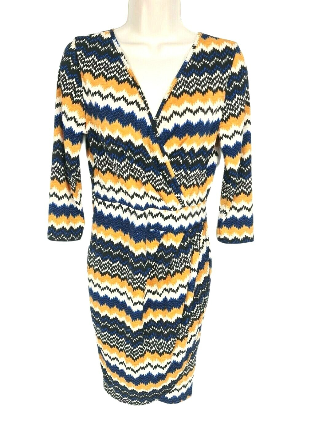 Olive Tree Floral Yellow V-Neck Faux Wrap Mini Dress Women Size S Stretch