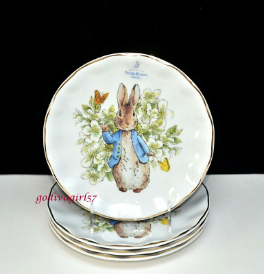 Zrike, Beatrix Potter, Peter Rabbit 4 SALAD DESSERT PLATES Easter, Gold Edge NEW