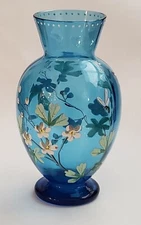 ART GLASS VASE BLUE PAINTED FLOWER BEE RETRO COLLECTIBLE