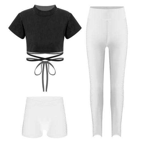 Kids Girls Set Workout Suit Cross Waist Outfit Yoga Fitness Rhinestones Modern - Picture 13 of 27