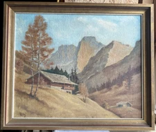 Oil Painting Landscape Autumn Alps Bavaria Tree At Hang Mountains Frame Antique