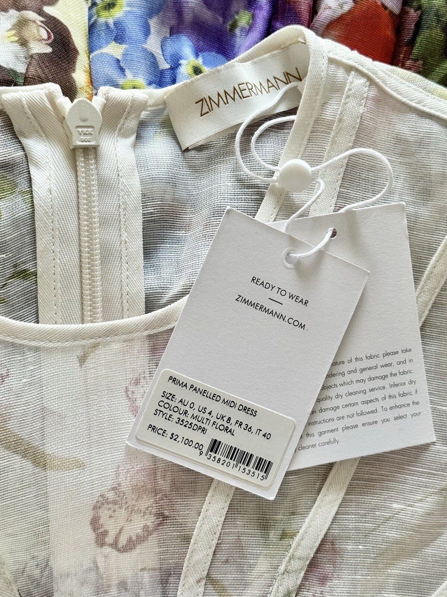 NWT $2,100 Zimmermann Prima Panelled Silk Linen Organza Floral Midi Dress  AU0 XS | eBay