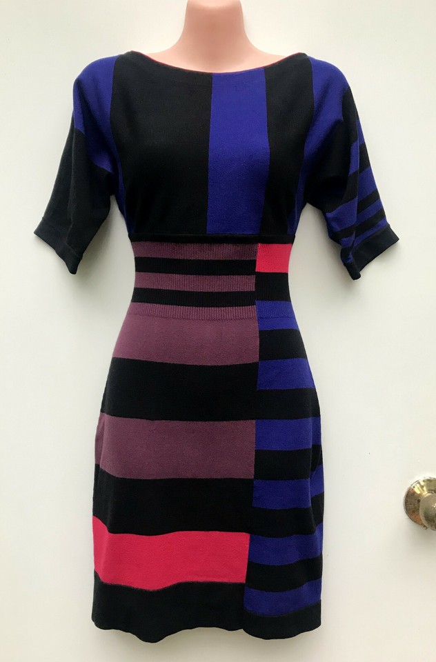 KAREN MILLEN Knitted Bold Colours Stripe Dress with Ribbed Waistband sz 2 / XS
