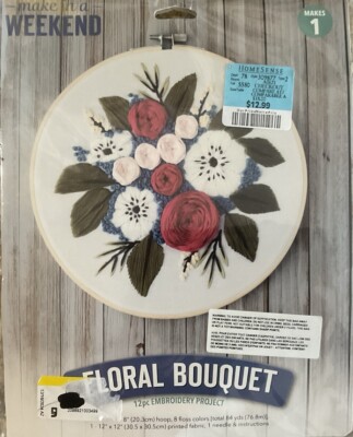 Leisure Arts Make In A Weekend Floral Bouquet 12 pc Embroidery Kit 8 Inch Hoop