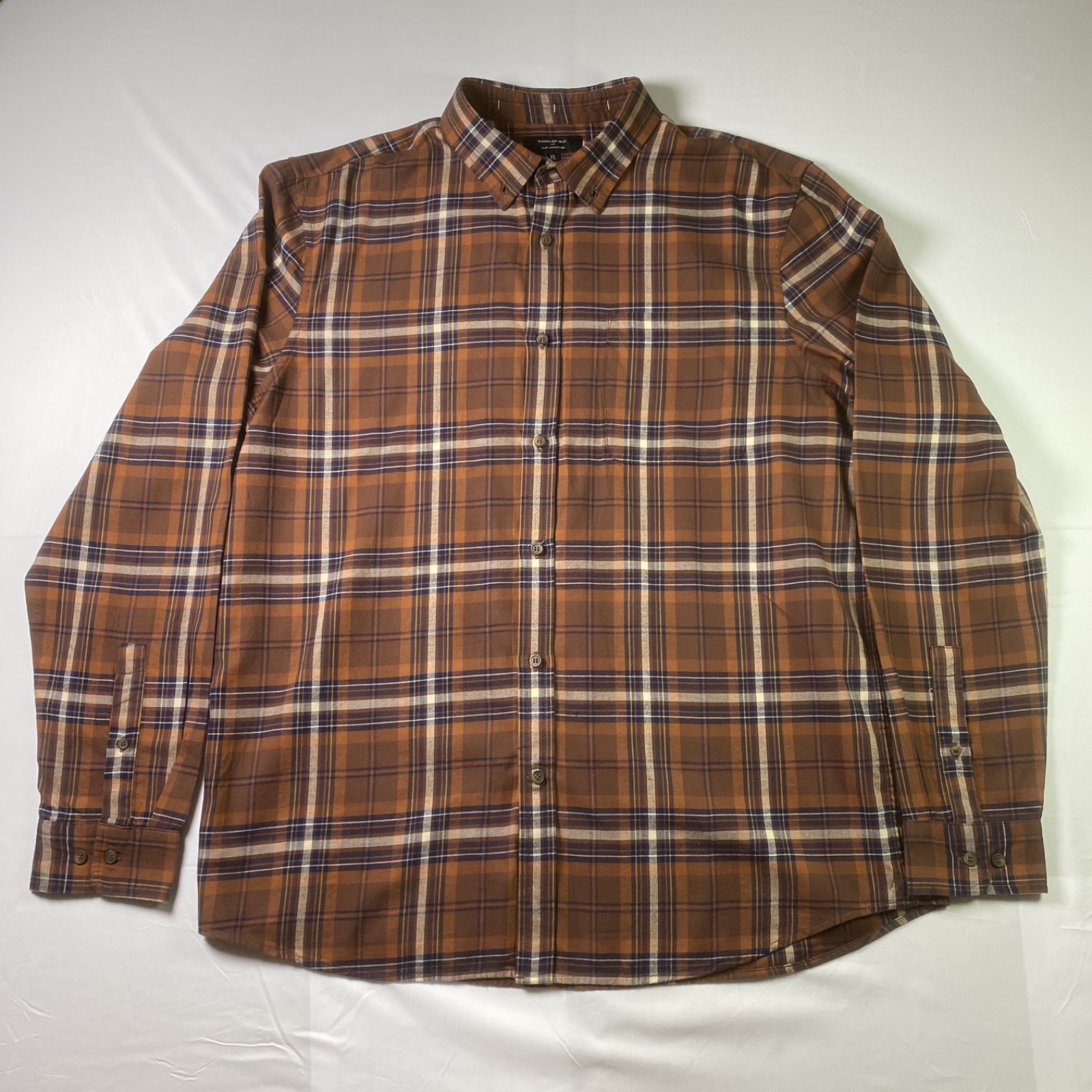 Banana Republic XL Tall Slim Untucked Plaid Shirt Brown Orange Cotton ButtonDown