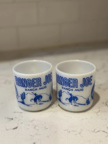 Set of 2 Vintage 1950s Hazel-Atlas Milk Glass Ranger Joe Ranch Mugs