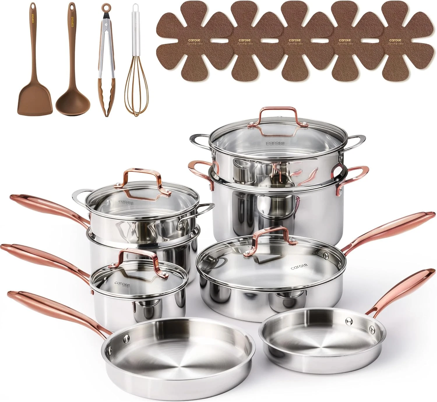 CAROTE 21pcs Tri-Ply Stainless Steel Cookware Set, Pots and Pans Set, Non Toxic