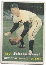 57 Topps 154 Red Schoendienst New York Giants G/VG Stain on back