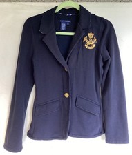 VTG RALPH LAUREN Navy Blue Cotton Blend Crest Logo Blazer Jacket Women s Size S